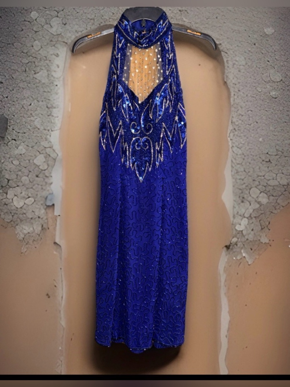 Vtg Party Time Formals Saphire Blue Beaded Halter Mini Silk Prom Dress-S-EC